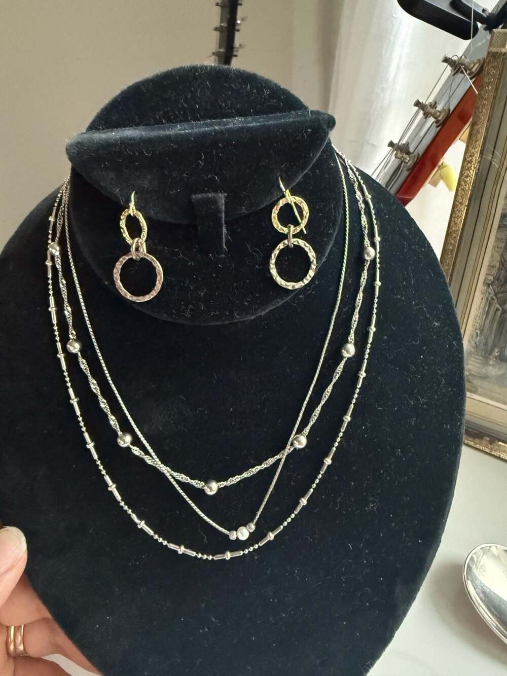 Sterling Silver and 14K Gold Two-Tone Hammered Earrings and Necklace Set.